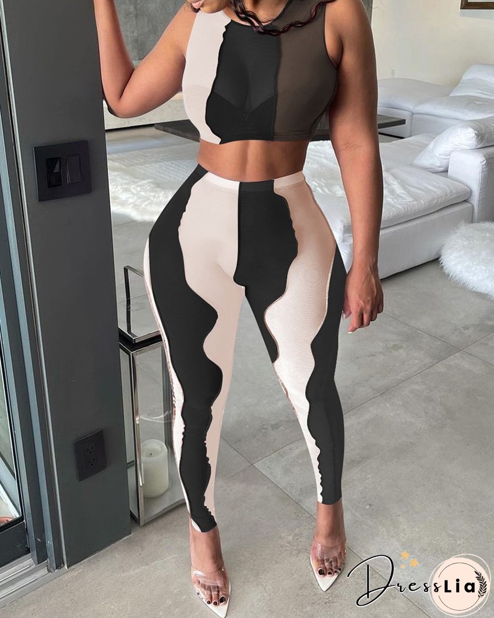 Colorblock Sheer Mesh Crop Top & Pants Set