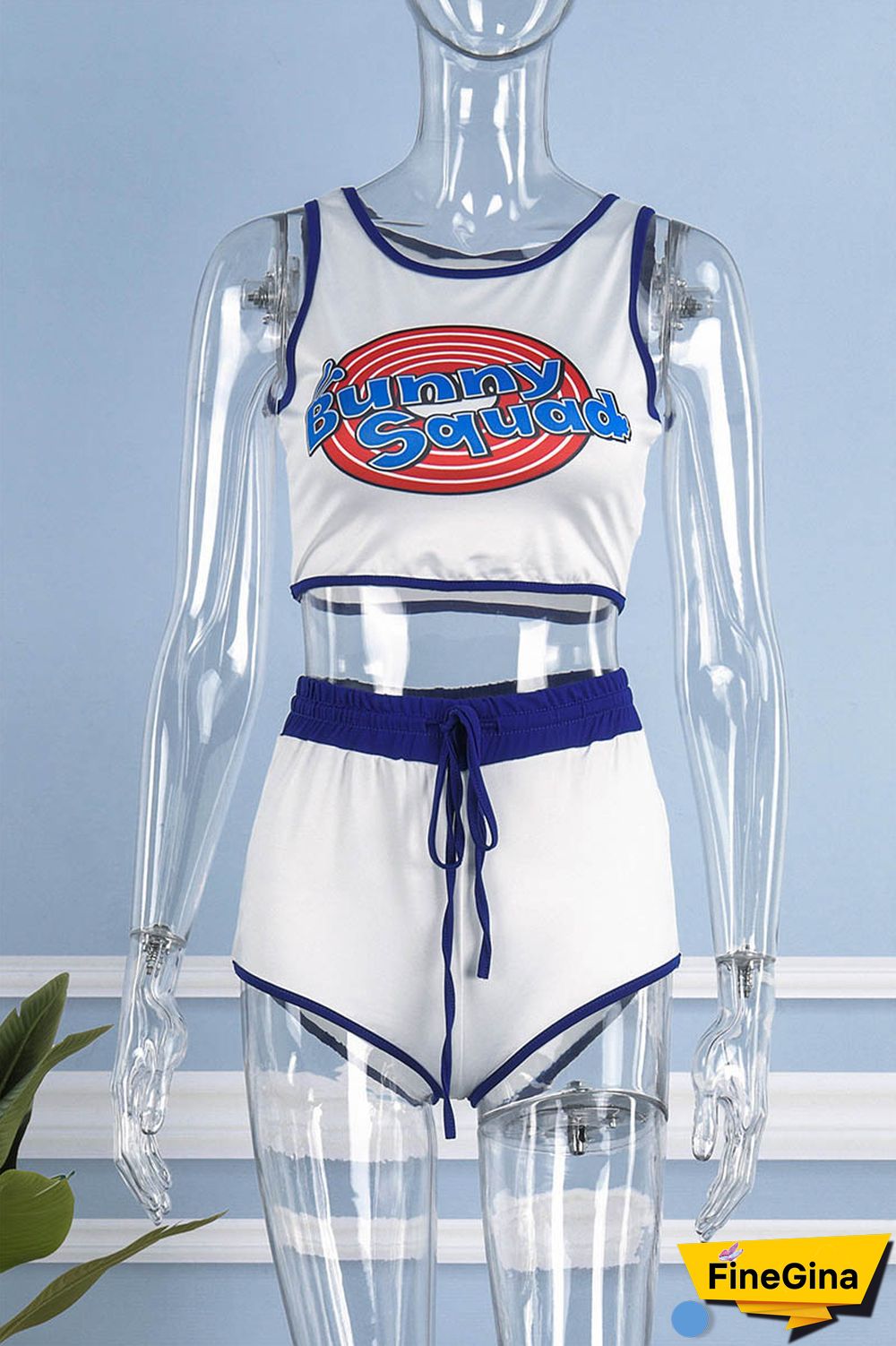 White Party Print Patchwork U Neck Sleeveless Two Pieces