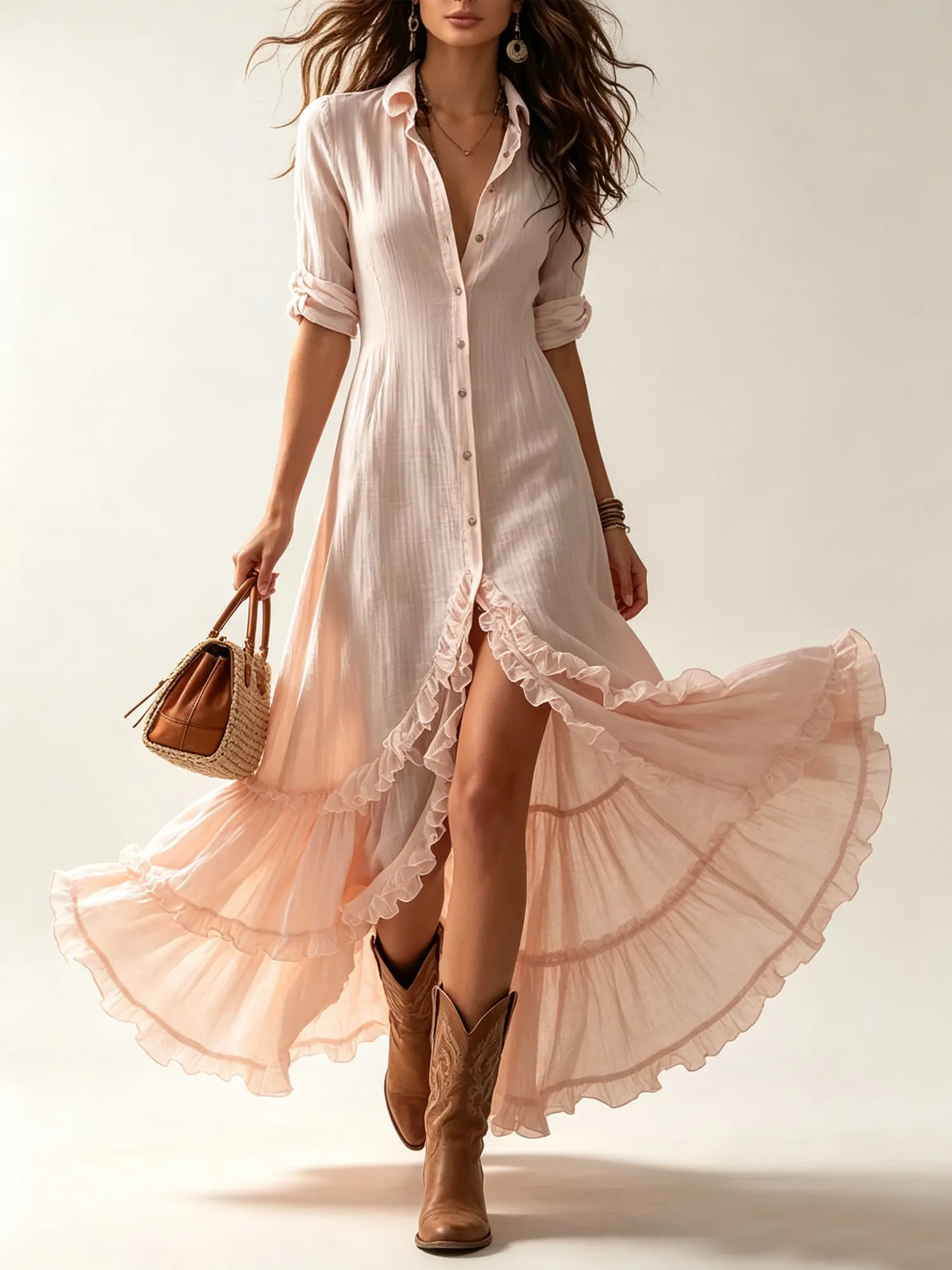 Western-style dress - Irregular front slit with tiered hem Maxi Dresses
