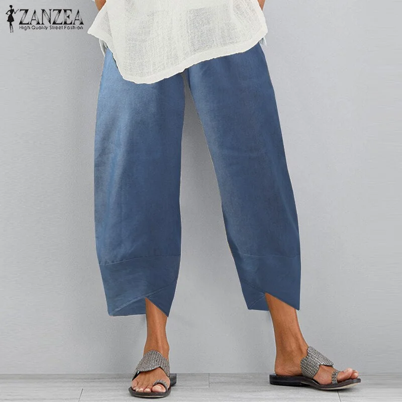 Vintage Women Cotton Linen Wide Leg Pants ZANZEA 2022 Female Asymmetric Trousers Ladies Casual Loose Pockets Elastic Waist Pants
