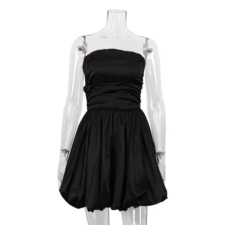 Elegant Strapless Pleated Mini Dress Satin Puff Hem Party Dress