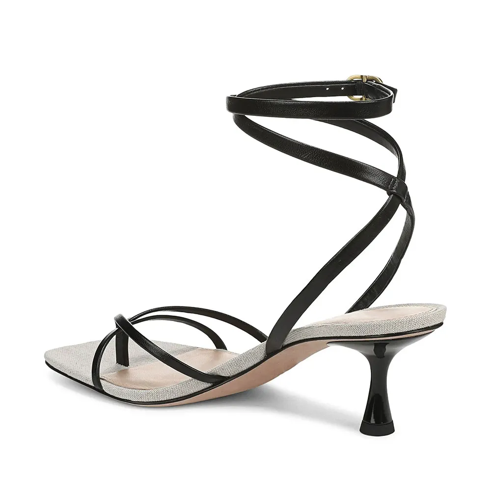 YDN Black Open Square Toe Flip-Flop Style Strap Heels Sandals