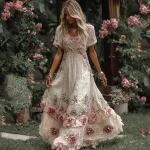Women's Vintage Rose Embroidery Art Round Neck Short Sleeve Maxi Dress - Image 2