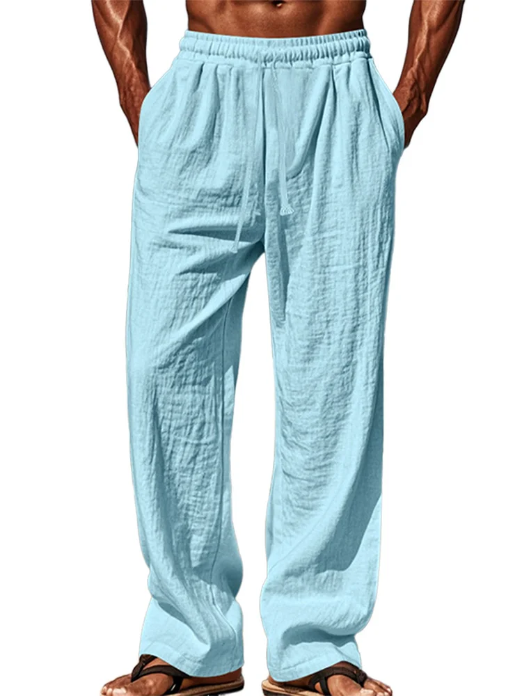 Men's pure cotton elastic waist solid color comfortable lace-up trousers