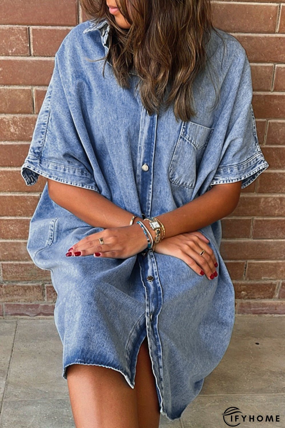 Denim Shirt Dress with Button Pockets | IFYHOME
