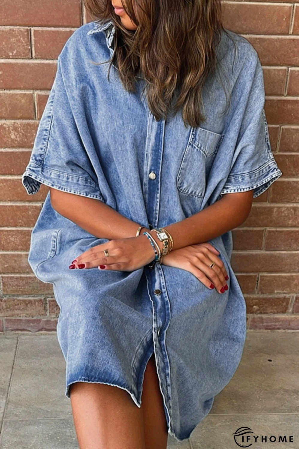 Denim Shirt Dress with Button Pockets | IFYHOME