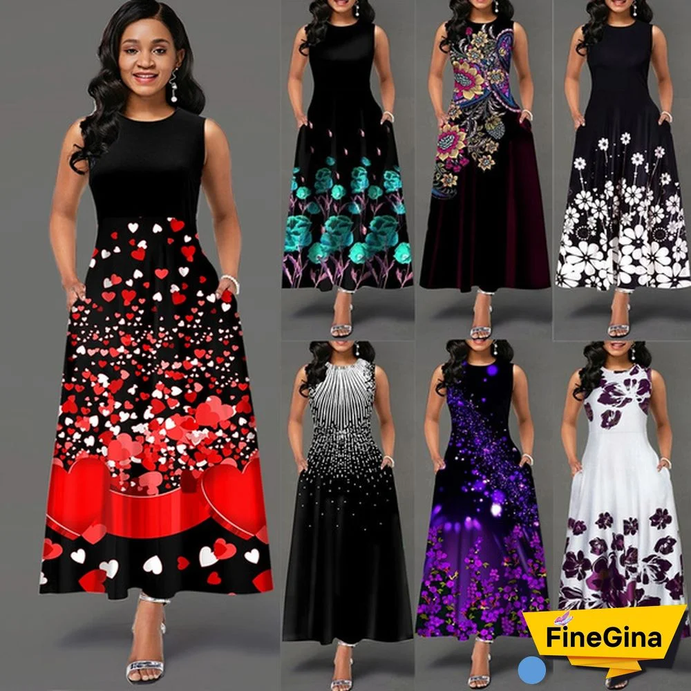 Women's Boho Floral Long Vintage Maxi Dress Evening Party Beach Tunic Sleeveless Dress Summer S-2XL