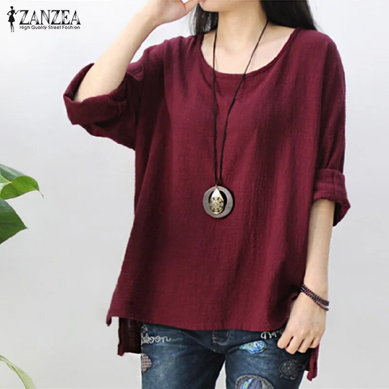 ZANZEA Women Vintage Long Sleeve Solid Blouse Autumn Casual Loose Tops Party Baggy Blusas Robe Femme Office Cotton Linen Shirt