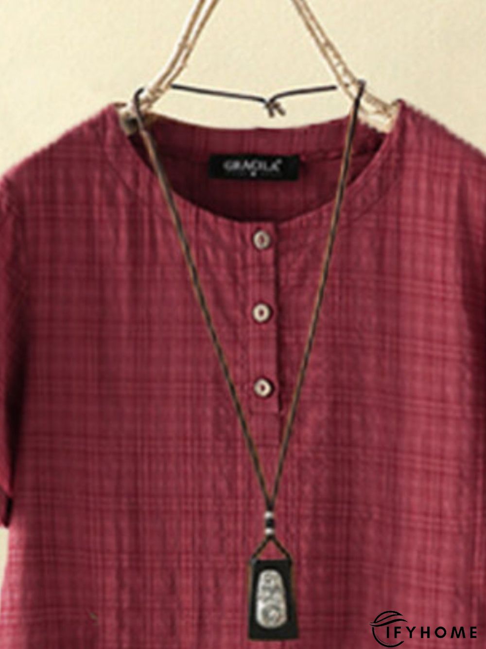 Fuchsia Round Neck Floral Casual Cotton Weaving Dress | IFYHOME