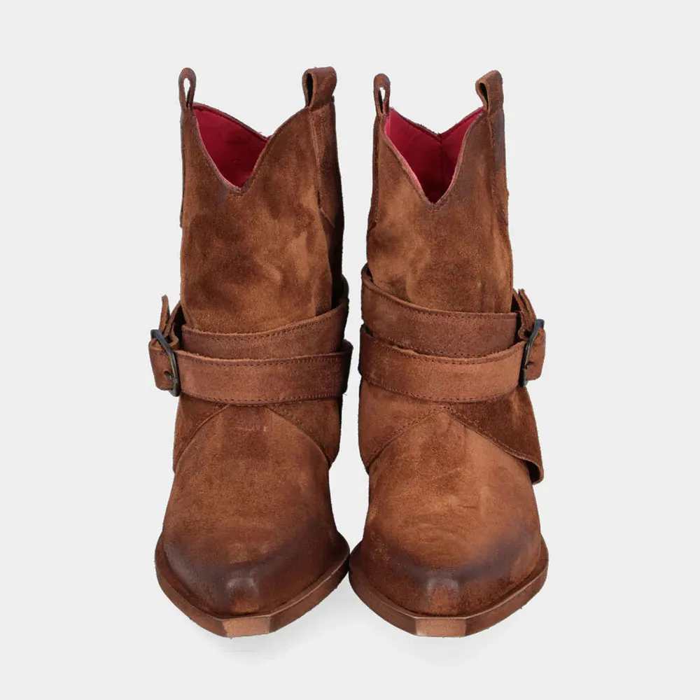 Brown Vegan Suede Snip Toe Chunky Heel Decorative Strap Western Boots