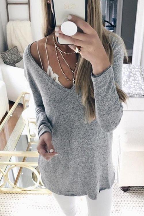Casual long sleeve V-neck sweater - Shop Trendy Women's Clothing | LoverChic
