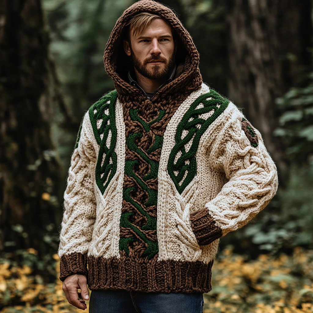 Men's Vintage Celtic Knot Knit Cozy Hooded Sweater