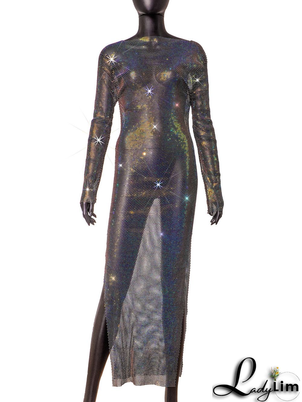 Women's Side Slit Party Night Round Neck Long Sleeve Sparkly Beaded Maxi Dress