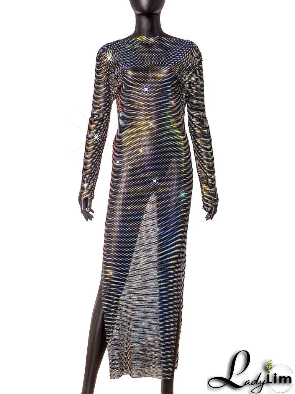 Women's Side Slit Party Night Round Neck Long Sleeve Sparkly Beaded Maxi Dress