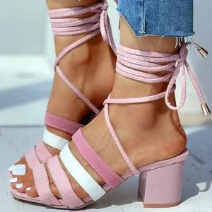 Women Summer High Heels Sandals Shoes Woman Open Toe Cross-tied Lace Up Sandals Roman Ladies Shoes