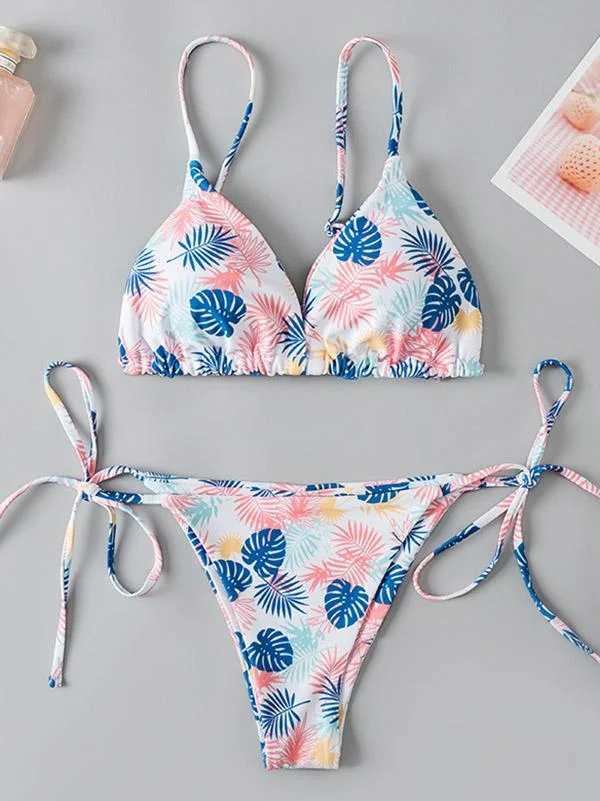 Leaf Printing Triangles Bandage Split Bikini Swimsuit