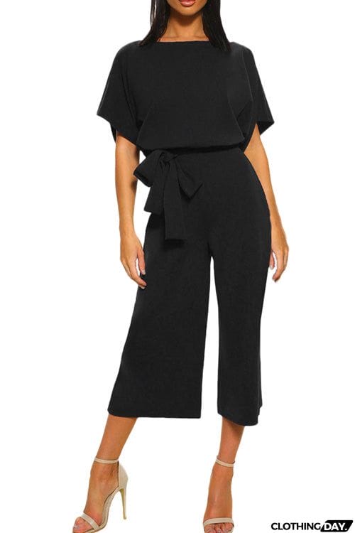 Fashion Chic Solid Short Sleeve Lace Up Slim Jumpsuit