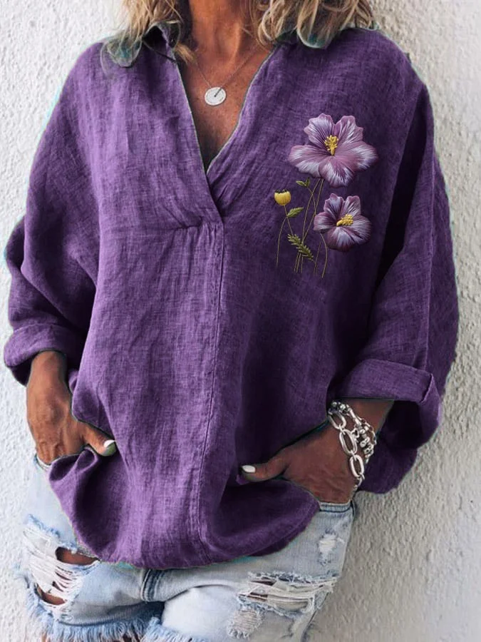 Women's Cotton And Linen Purple Floral V-Neck Top