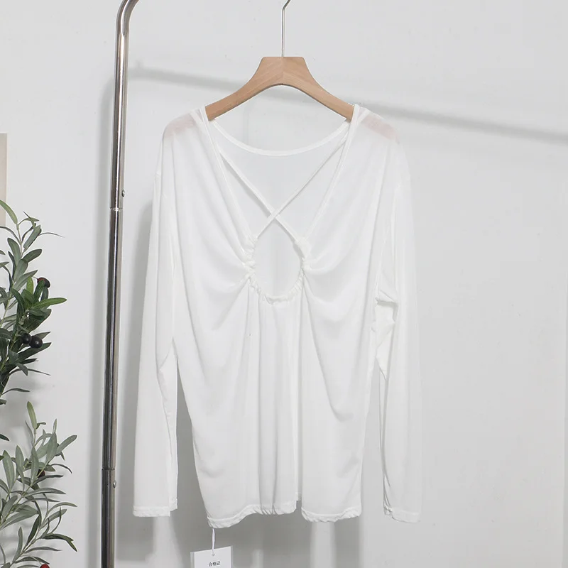 Brownm Real Shot Tiansi Mask Bare Back Long Sleeve Sunscreen Back Cross-Section Thin T-Shirt Shirt Top Woman 85830