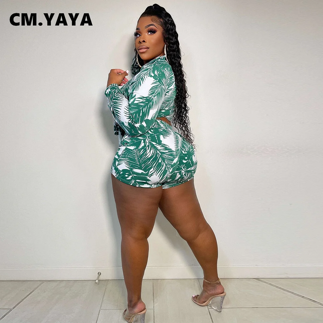 CM.YAYA Elegant Beach Leaf Women Two 2 Piece Set Outfits Sweatsuit 2022 Summer Shirt and Shorts Holiday Matching Set Tracksuit