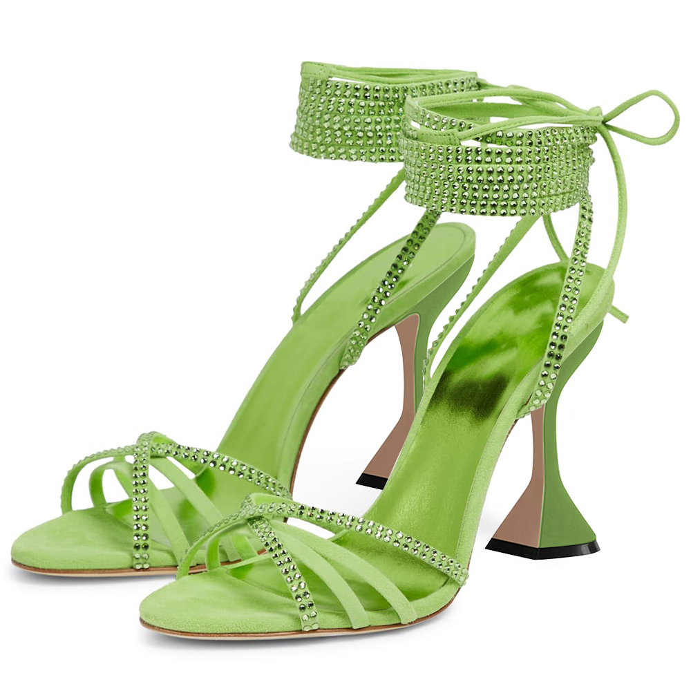 Green Faux Suede Open Toe 4'' Flared Heel Rhinestone Lace Up Sandals Nicepairs