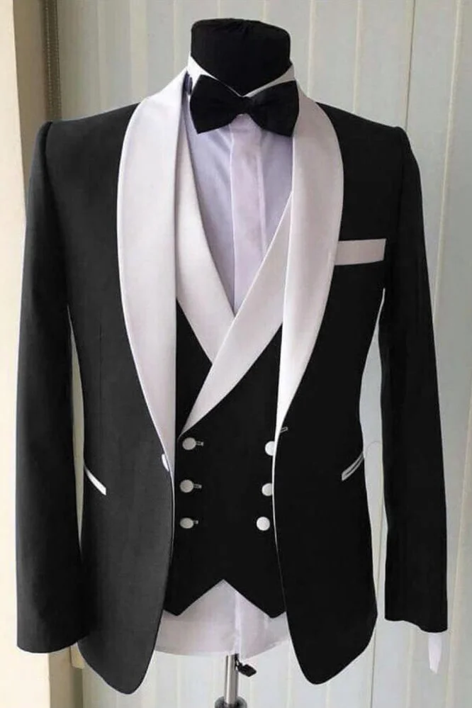 Daisda Stylish Black 3 Piece Wedding Suit For Men With White Shawl Lapel 