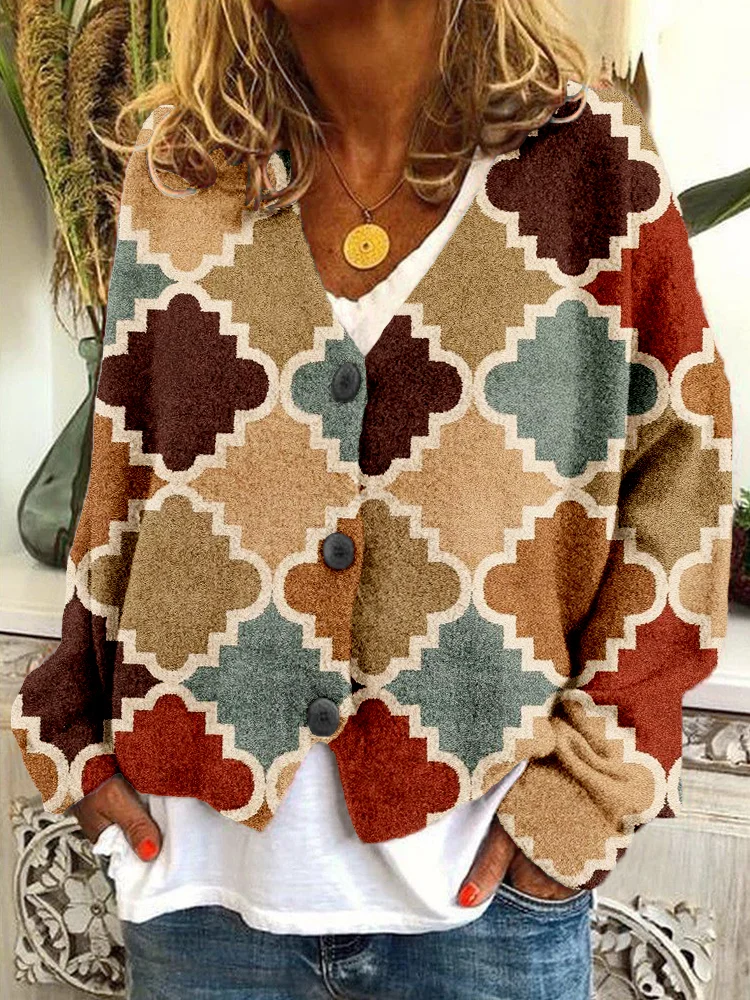 VChics Vintage Western Geometric Pattern Cozy Knit Cardigan