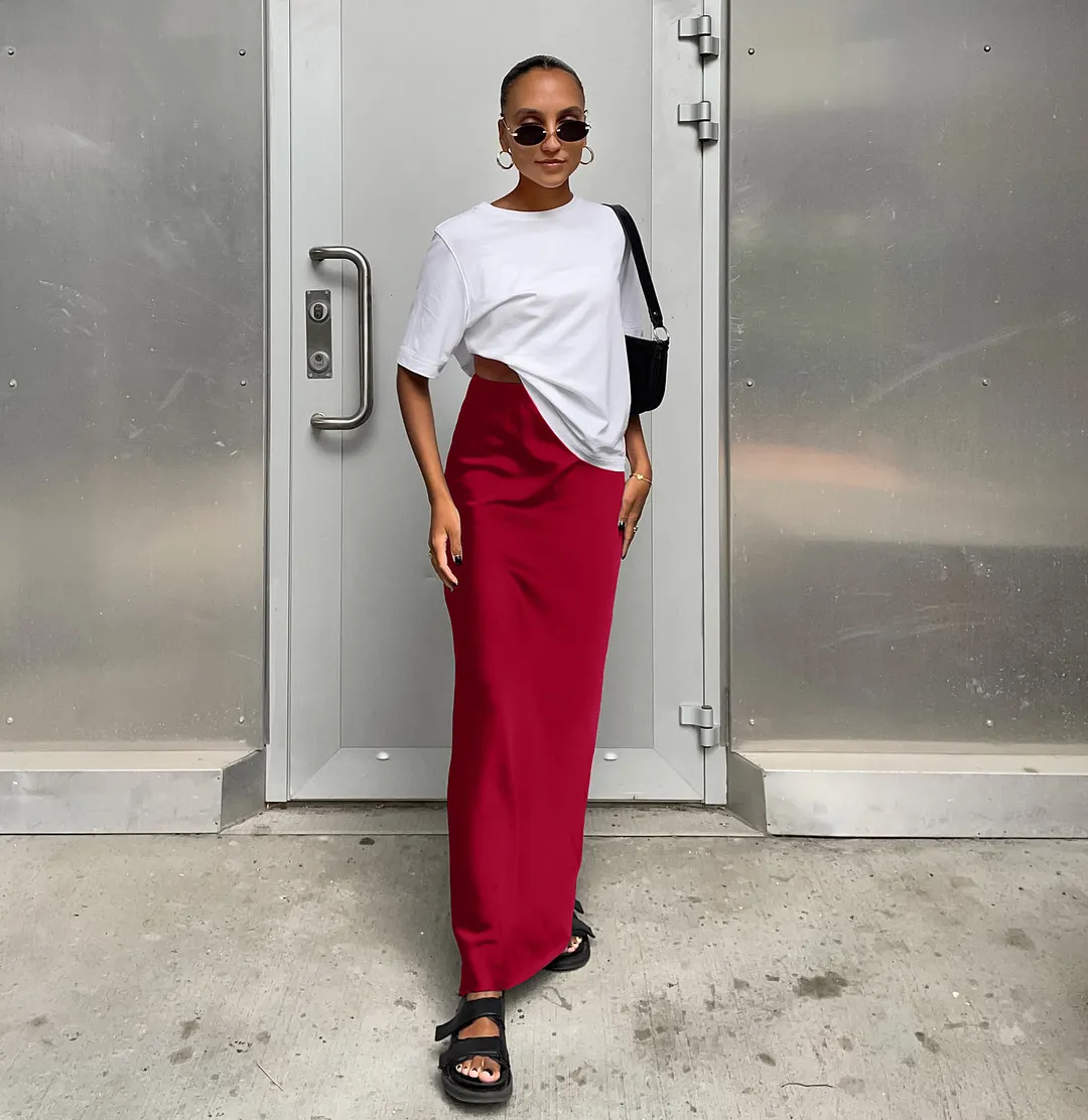 Uveng Uveng And Summer New Simulation Silk Skirt Satin Bread Hip Skirt Women Casual Color Tintail Skirt