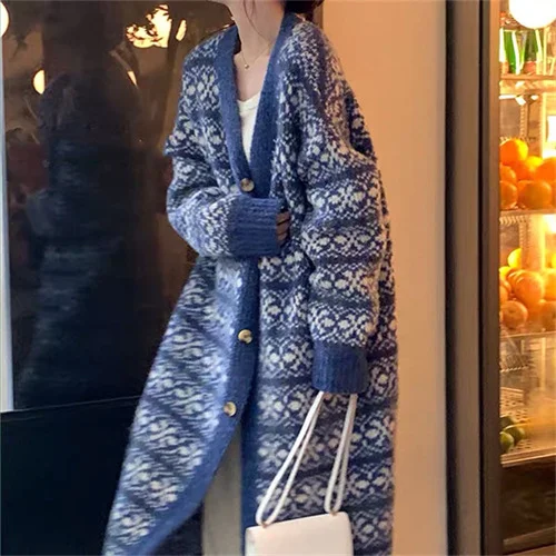 Ueong Ueong Autumn Winter New Chic Foreign Style Fashionable National Wind Long Sweater Loose Lazy Feeling Large Cardigan Coat Female