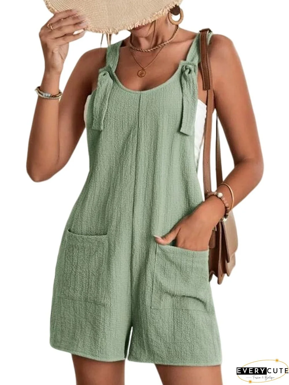 Casual Green Pocket Romper with Tie Detail