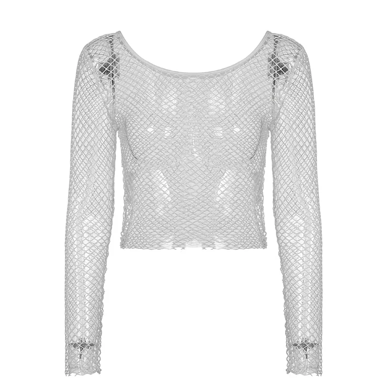 Sweetown Hollow Out See Through Sexy Slash Neck Fishnet Mesh T-Shirts Women Cute Club Outfits Off Shoulder Long Sleeve Crop Tees