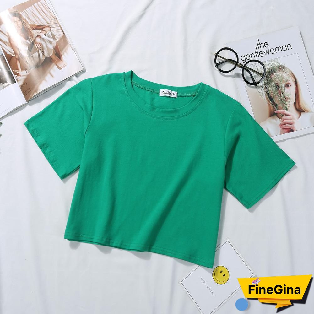 Summer Short Sleeve T Shirts Women Cotton Solid T-shirt O Neck High Waist Crop Top Tee Female Casual Loose T Shirt