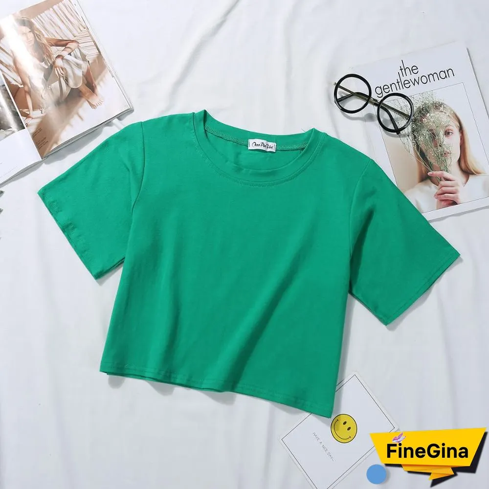 Summer Short Sleeve T Shirts Women Cotton Solid T-shirt O Neck High Waist Crop Top Tee Female Casual Loose T Shirt