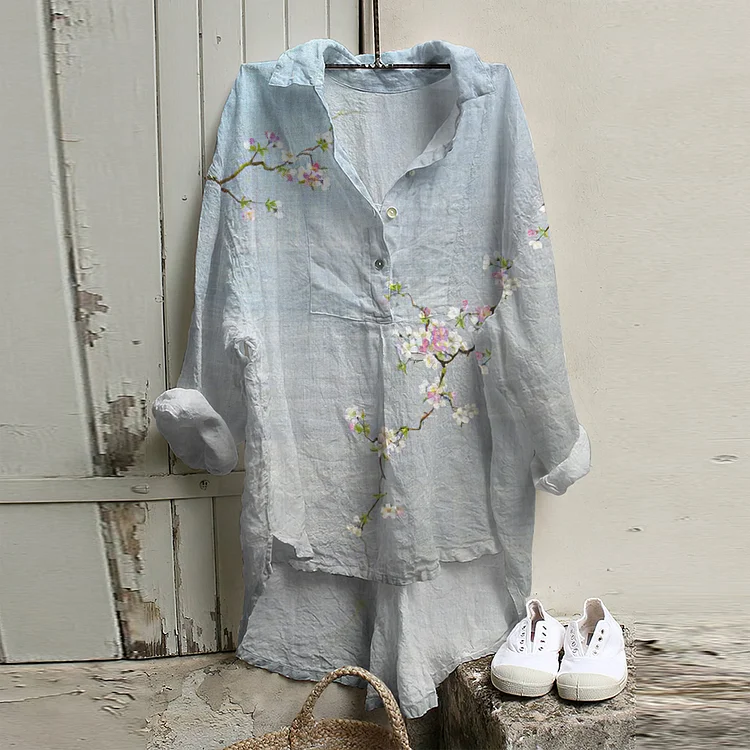 Comstylish Japanese Flower Art Print Long Sleeve Casual Shirt