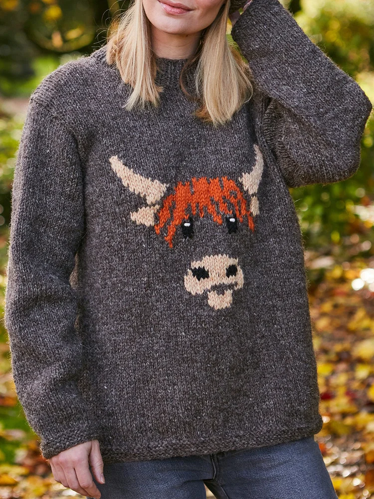 Highland Cow Pattern Cozy Knit Sweater