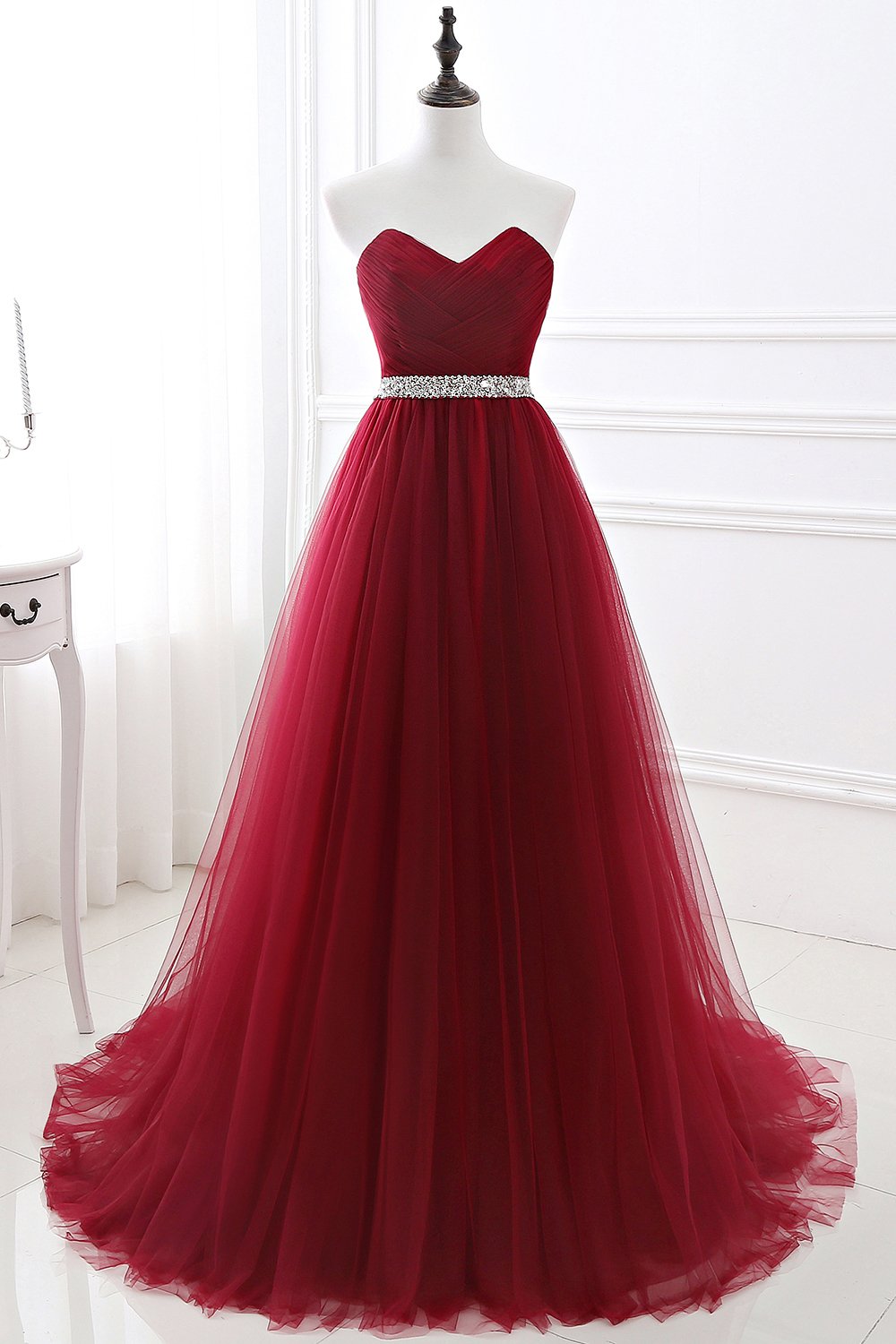 Dresseswow Burgundy Sweetheart Tulle Long prom Dress Crystal