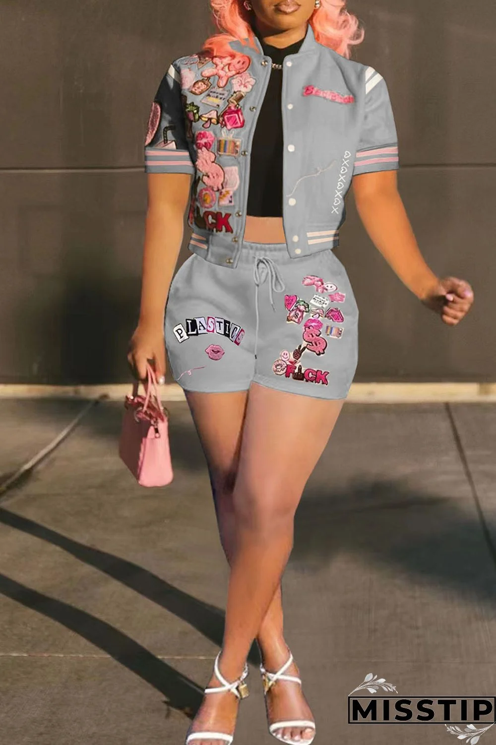 Cream White Casual Street Print Patchwork Buckle Short Sleeve Two Pieces