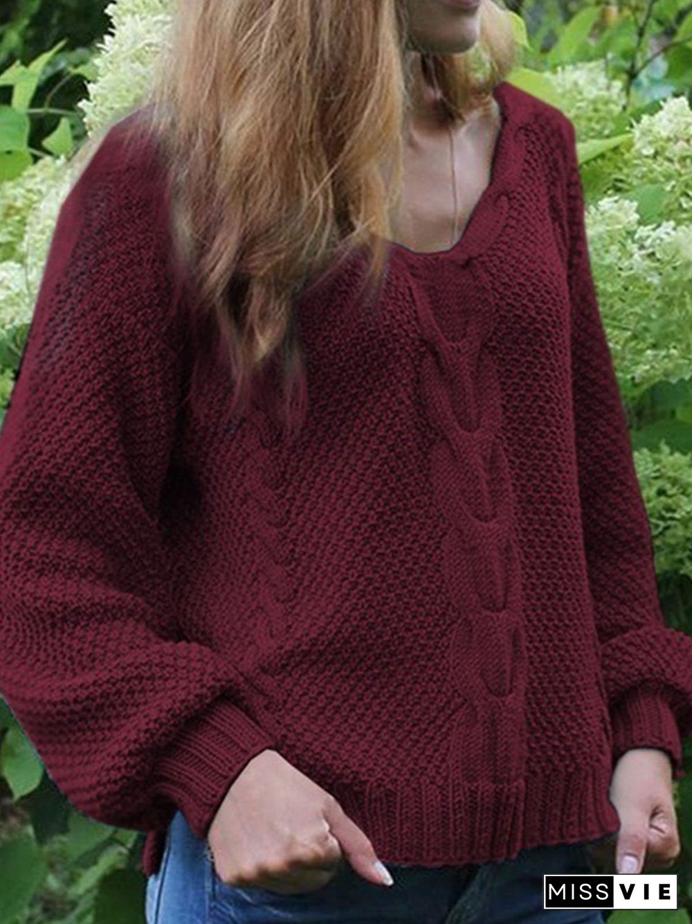 Casual Plain Knitted V-neck Long Sleeve Sweater