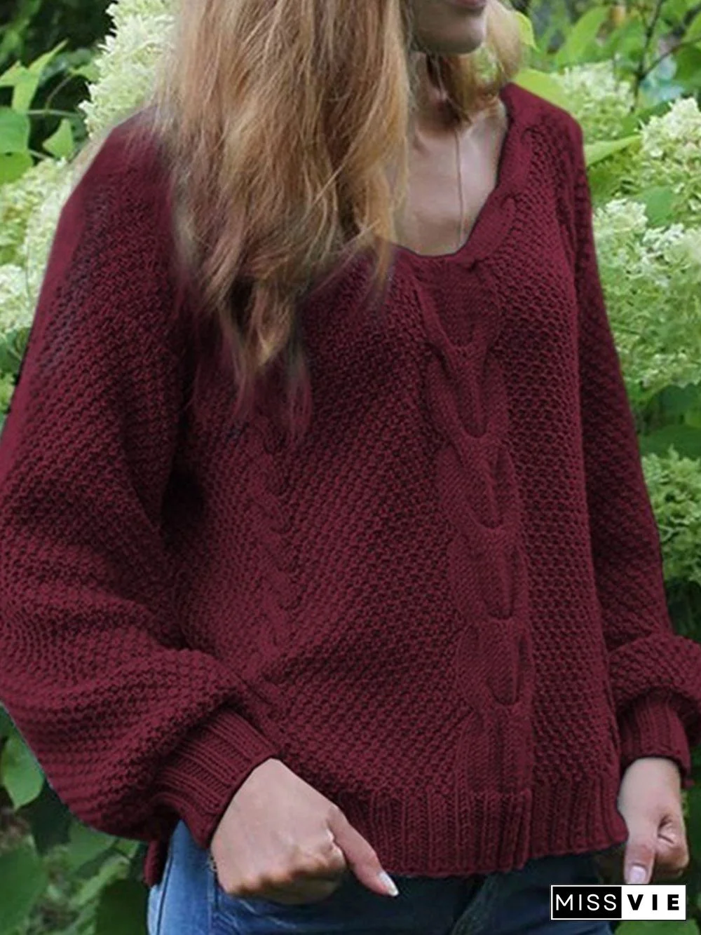 Casual Plain Knitted V-neck Long Sleeve Sweater