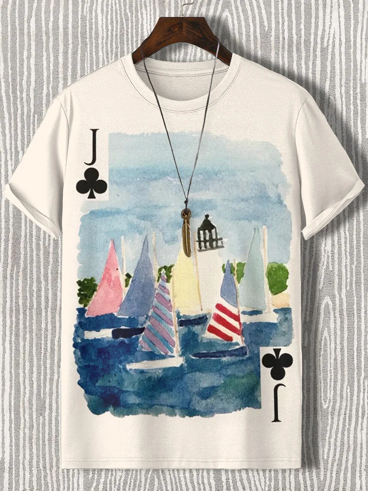 Men's Watercolor Sailboat Vacation Playing Card Art Print T-Shirt