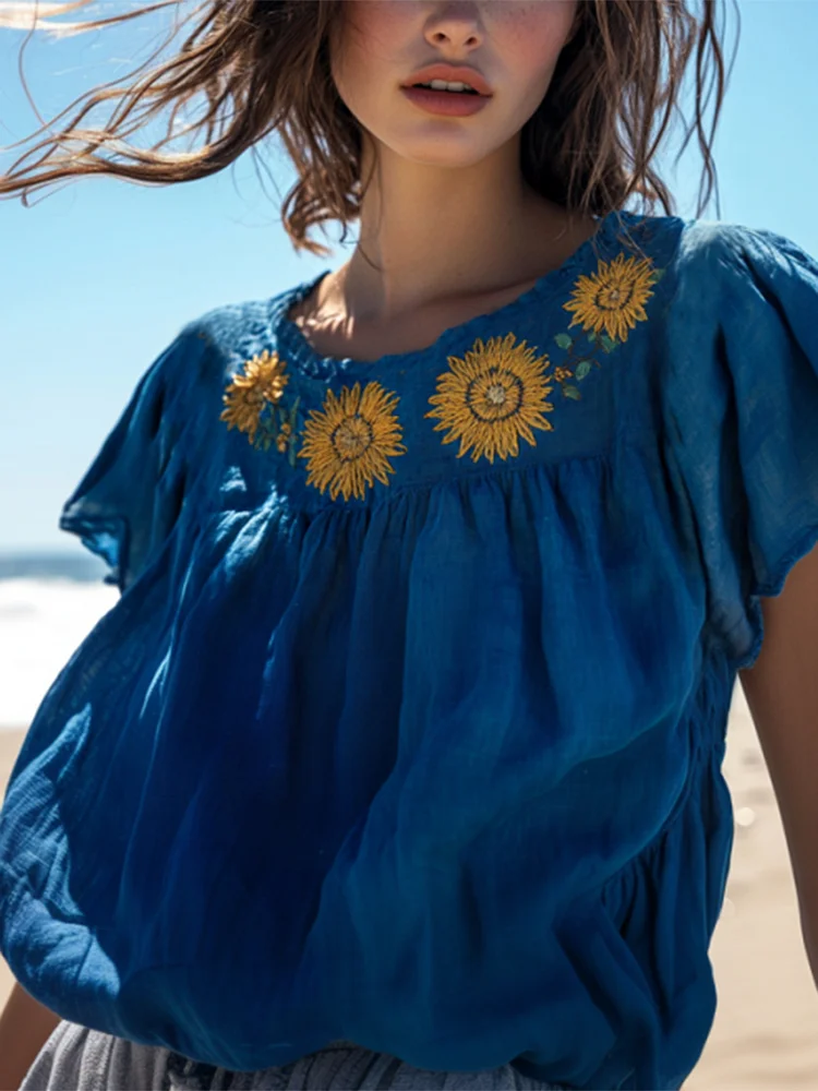 Utbros Vintage Sunflower Embroidered Art Cotton Linen Comfy Shirt