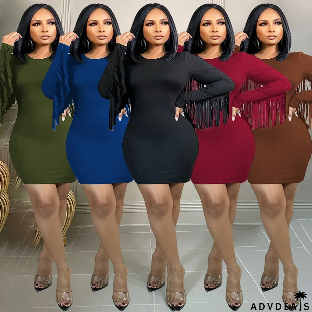 Plus Size Solid Tassel Long Sleeve Mini Dress