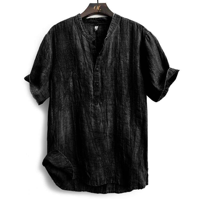 Vintage Linen Solid Henley Collar Shirt  artssus