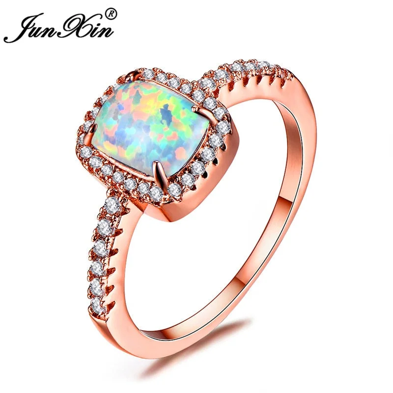JUNXIN Female Geometric Finger Ring Fashion White/Blue Fire Opal Stone Ring Rose Gold Filled Wedding Engagement Rings For Women