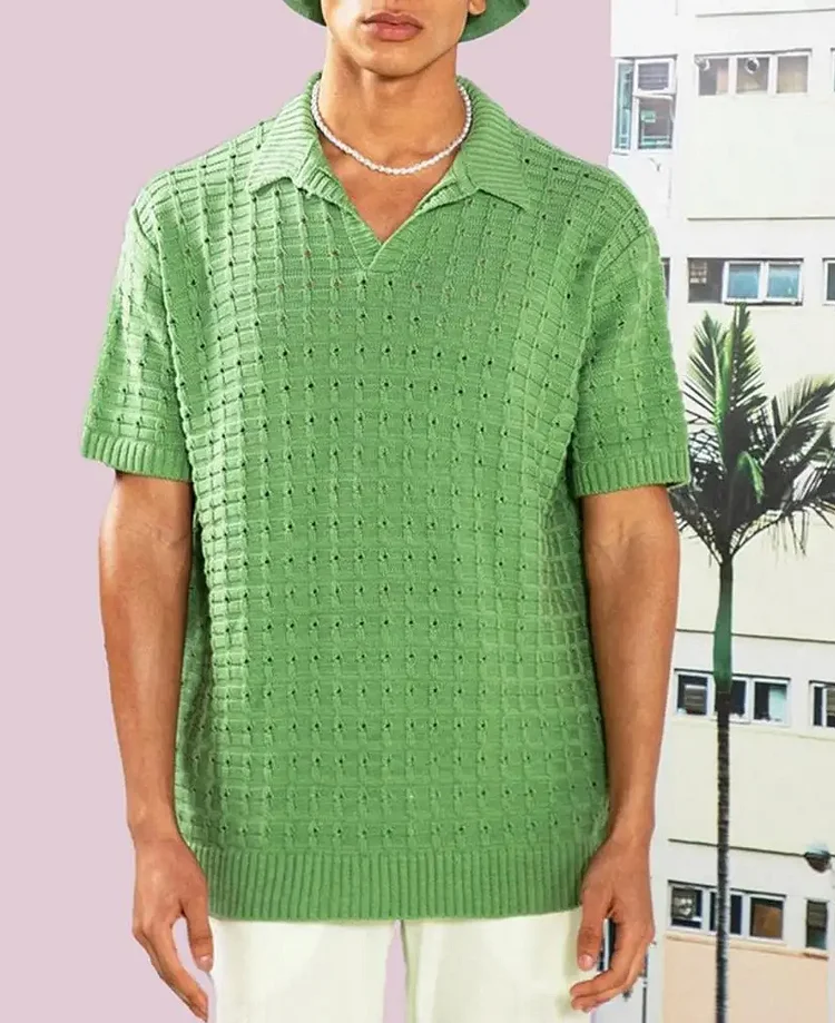Vacation Lapel Collar Hollow Short Sleeve Knitted Shirt 