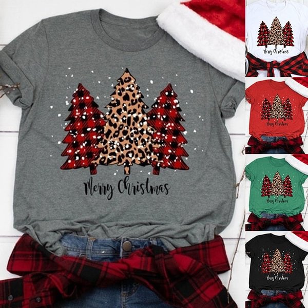 Christmas Women's Fashion Short Sleeve Round Neck Christmas Tree Buffalo Plaid Leopard T Shirt Holiday Graphic Tee - BlackFridayBuys