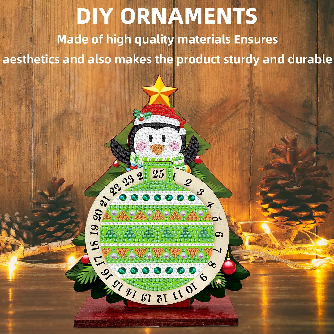 Penguin DIY Christmas Countdown Diamond Painting Tabletop Ornaments Kit 25 Days Crystal Art Craft Decoration Wooden for Living Room Home Office Decoration