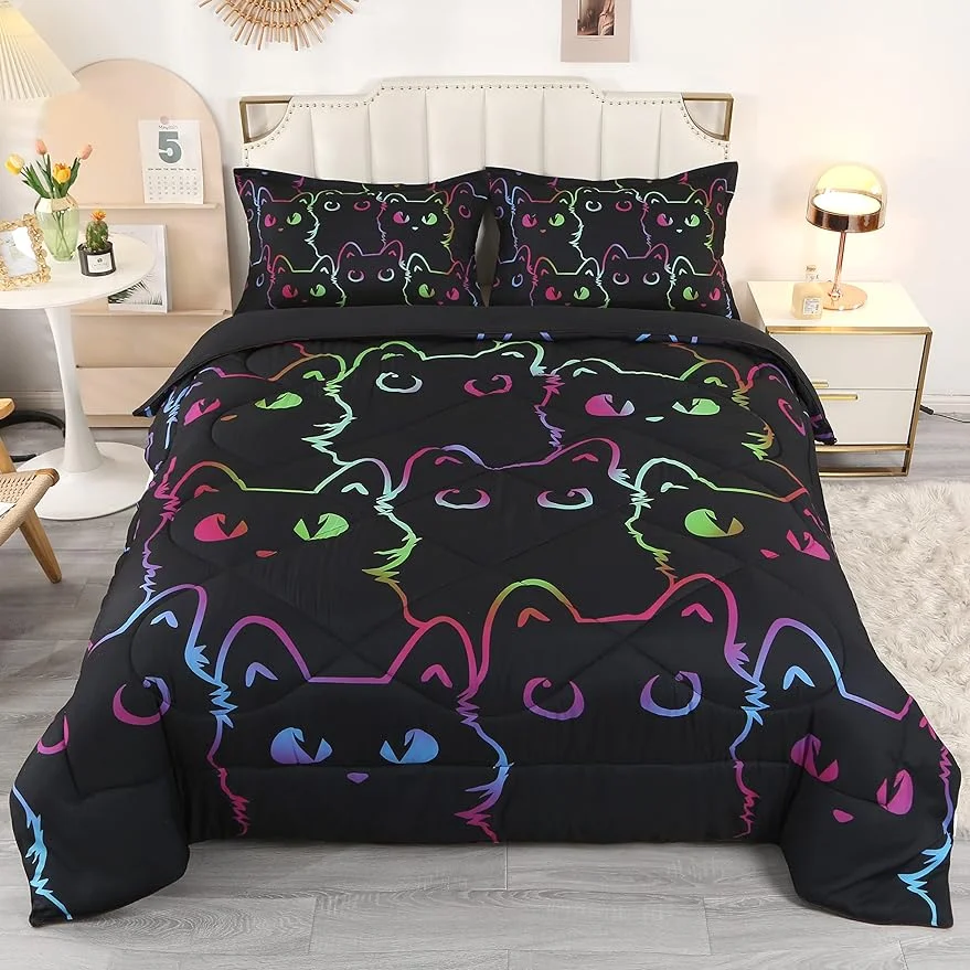 Kids Bedding Set Cat Comforter Set Full for Girls and Boys 3 Piece Cartoon Bed Set Black Comfortable and Breathable All Season for Teens and Adults Room Decor with 1 Comforter and 2 Pillowcases