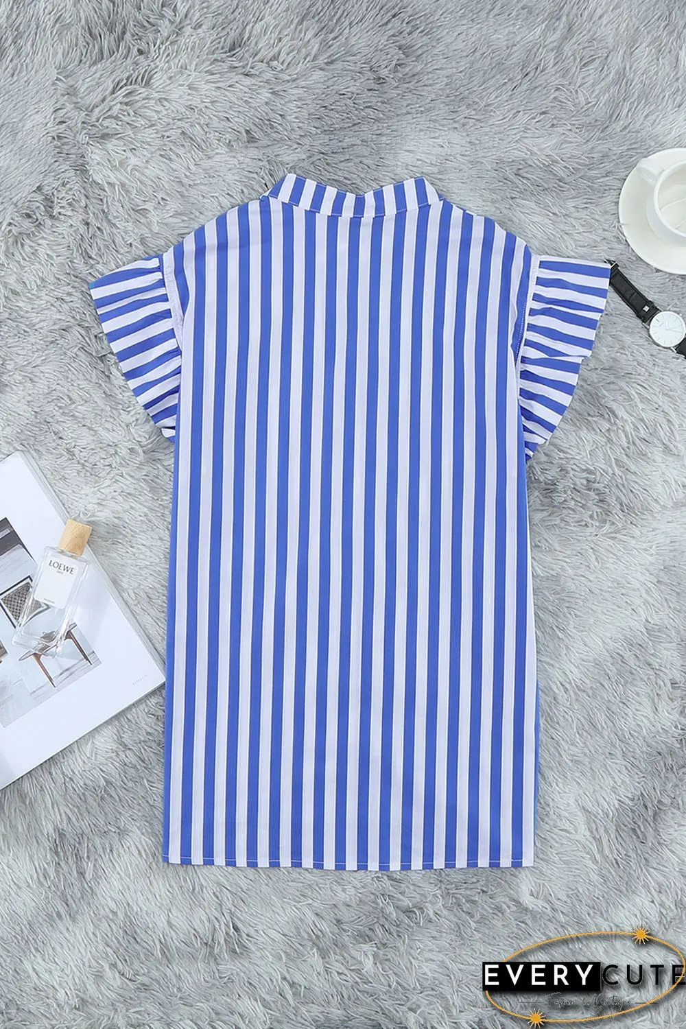 Sky Blue Striped Buttoned Ruffled Sleeve Blouse