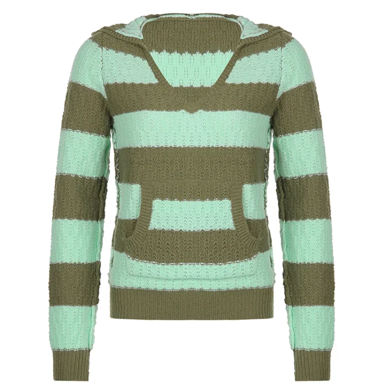 Y2k V-neck Hooded Contrast Color Striped Long Sleeve Pocket Knitted Sweater